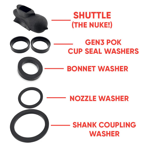 NukaTap Gen 3 seal kit showing black POK cup seals and replacement washers