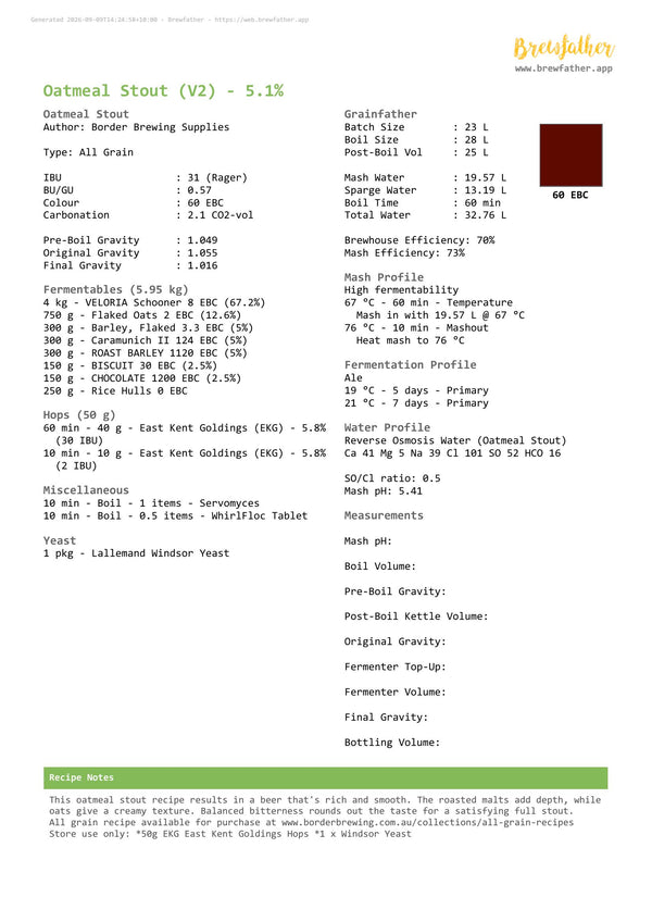Brewfather recipe sheet for the Oatmeal Stout all grain recipe kit