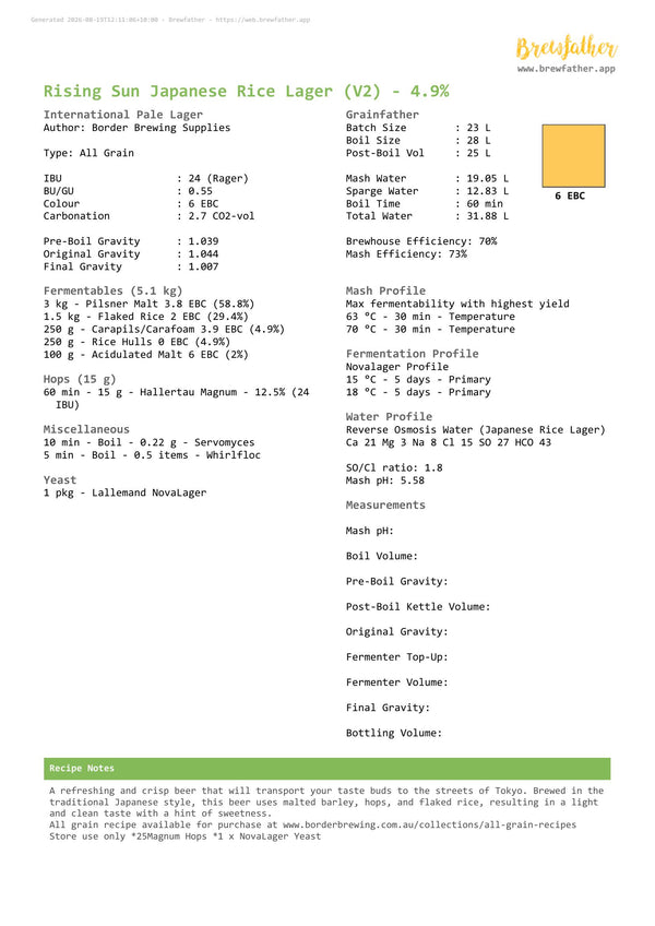 Brewfather recipe forRising Sun Japanese Lager all grain recipe kit