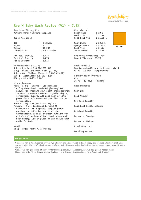 Complete Brewfather recipe for the Border Brewing Rye Whiskey Wash Kit