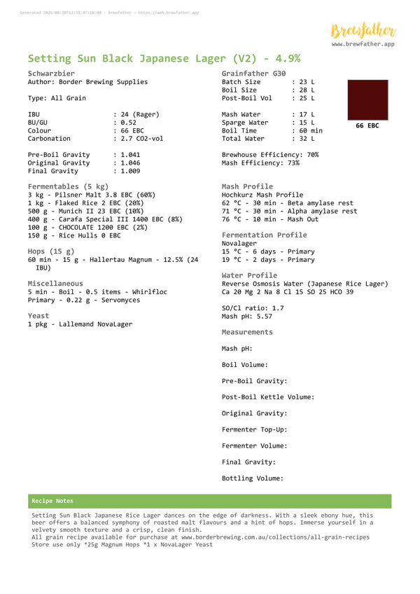 Brewfather brewing recipe for the Setting Sun Black Japanese Lager all grain recipe kit