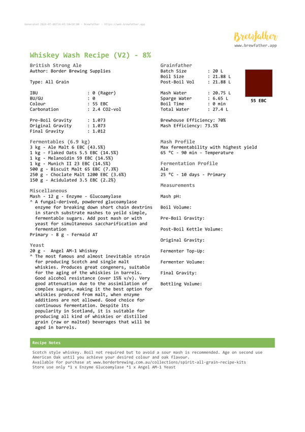 Complete Brewfather recipe for the Border Brewing Single Malt Style Whiskey Wash Kit