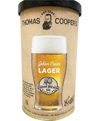 Thomas Coopers Golden Crown Lager 1.7kg homebrew beer kit for brewing 23 litres of deep golden Dortmunder-style lager.
