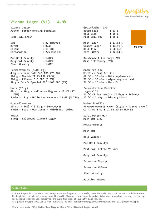 Brewfather recipe for Vienna Lager all grain recipe kit