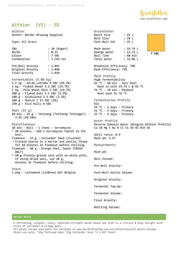 Brewfather recipe sheet for the Belgian Witbier all grain recipe kit.